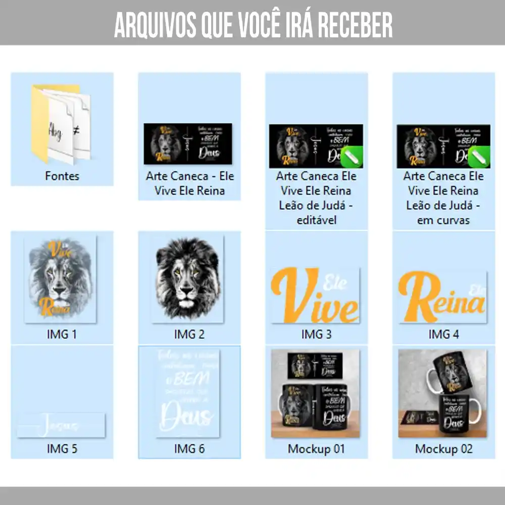 Arte para caneca Leão de Judá Ele Vive Ele Reina com prévia dos arquivos digitais incluídos no pacote